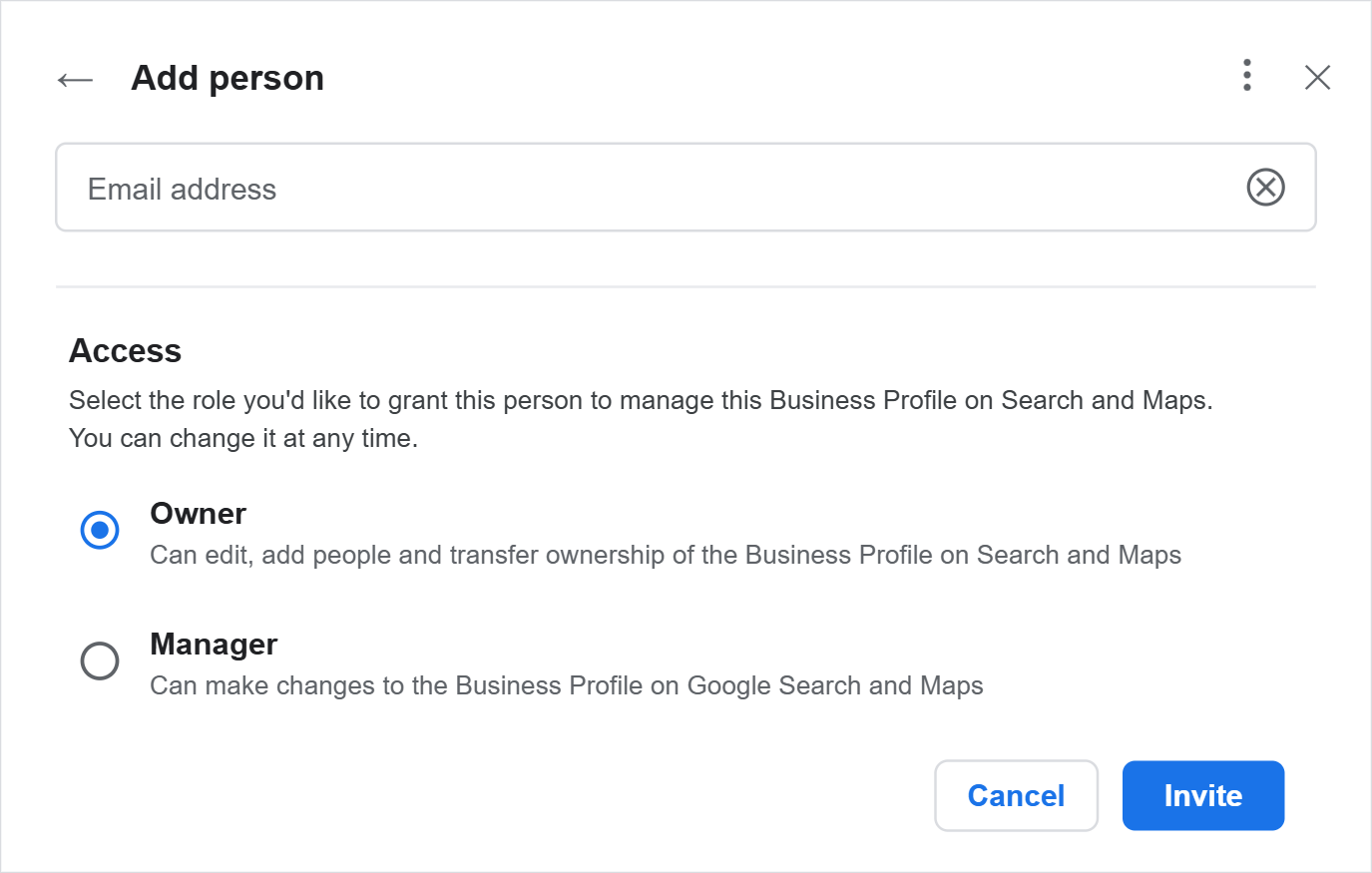 Add person dialog with email field and Owner or Manager access options