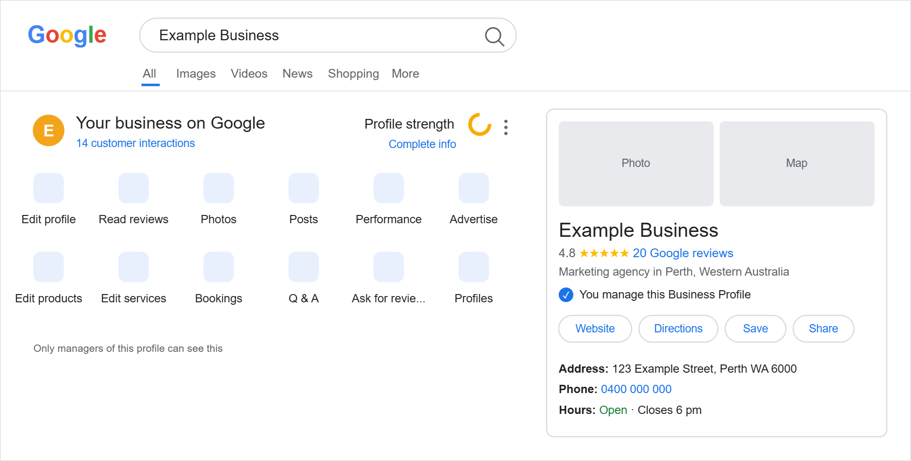 Google search results showing the Your business on Google dashboard and Business Profile panel for an example business