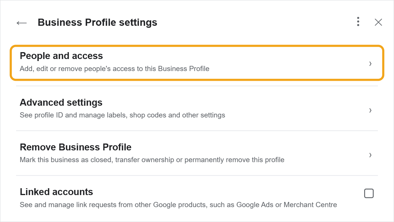 Business Profile settings menu with People and access highlighted