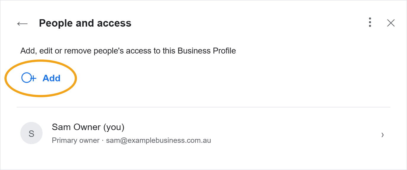 People and access panel with the Add button highlighted and the current primary owner listed