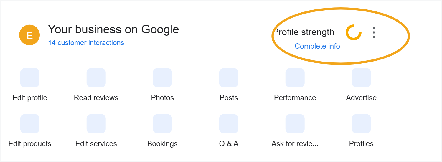 Google Business Profile dashboard with the three dot menu next to Profile strength highlighted