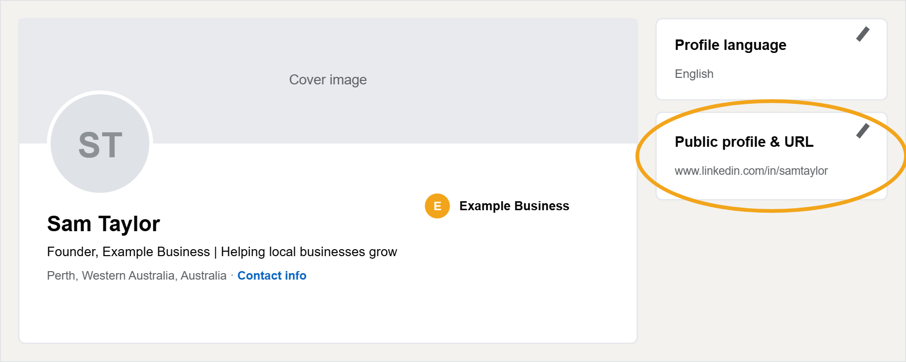 LinkedIn profile with the Public profile and URL panel highlighted on the right hand side