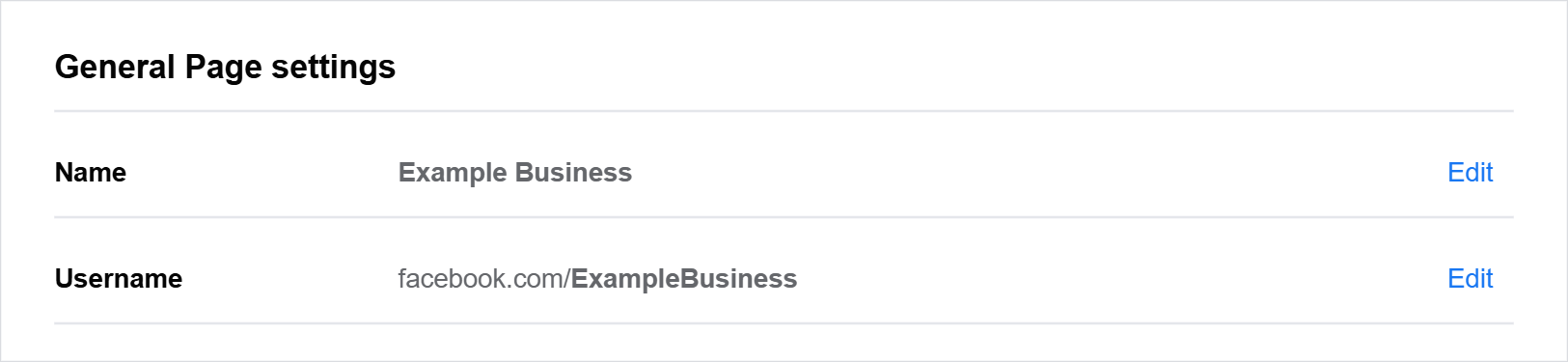 Facebook General Page settings showing Name and Username rows with Edit links