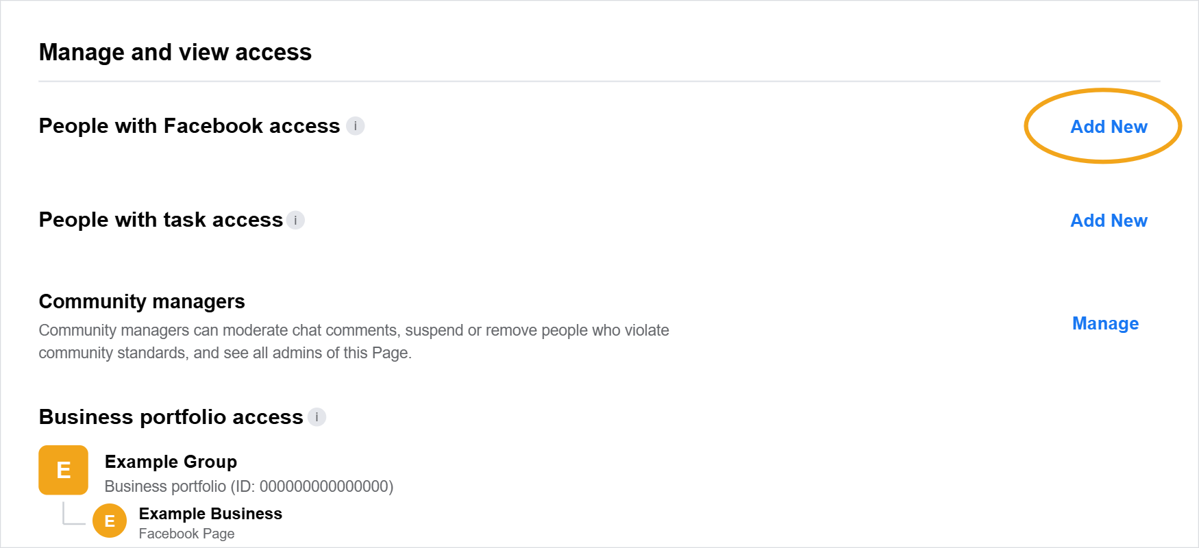 Facebook Manage and view access screen with Add New highlighted next to People with Facebook access