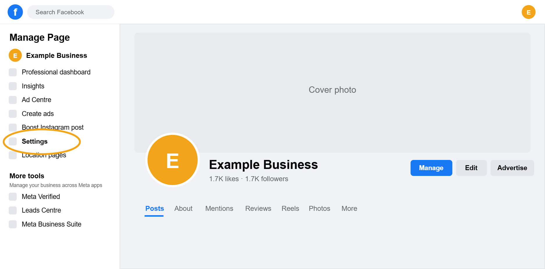 Facebook Page view with the Manage Page sidebar and the Settings option highlighted