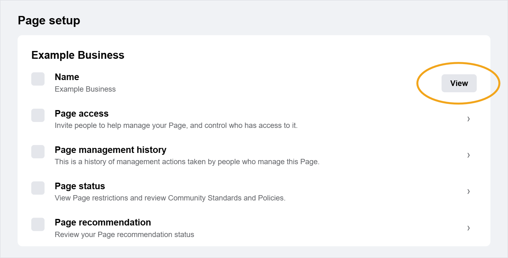Facebook Page setup screen with the View button next to Name highlighted