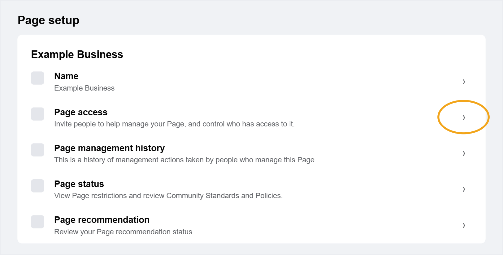 Facebook Page setup screen with the Page access option highlighted