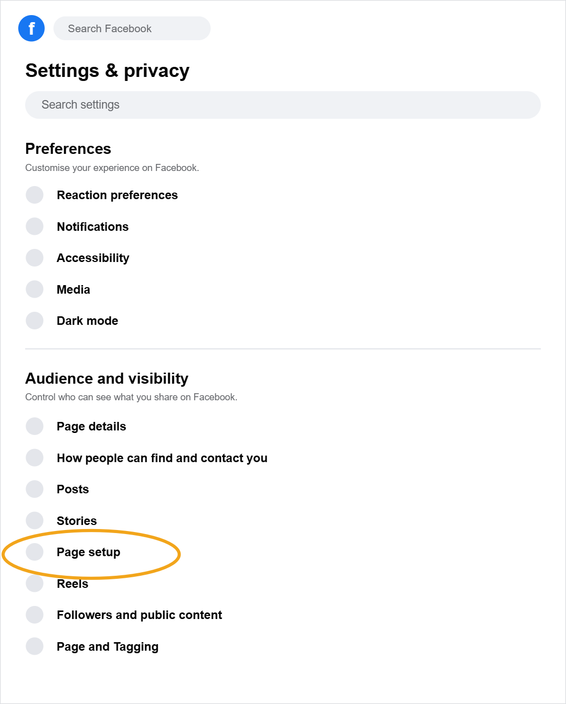 Facebook Settings and privacy menu with Page setup highlighted under Audience and visibility